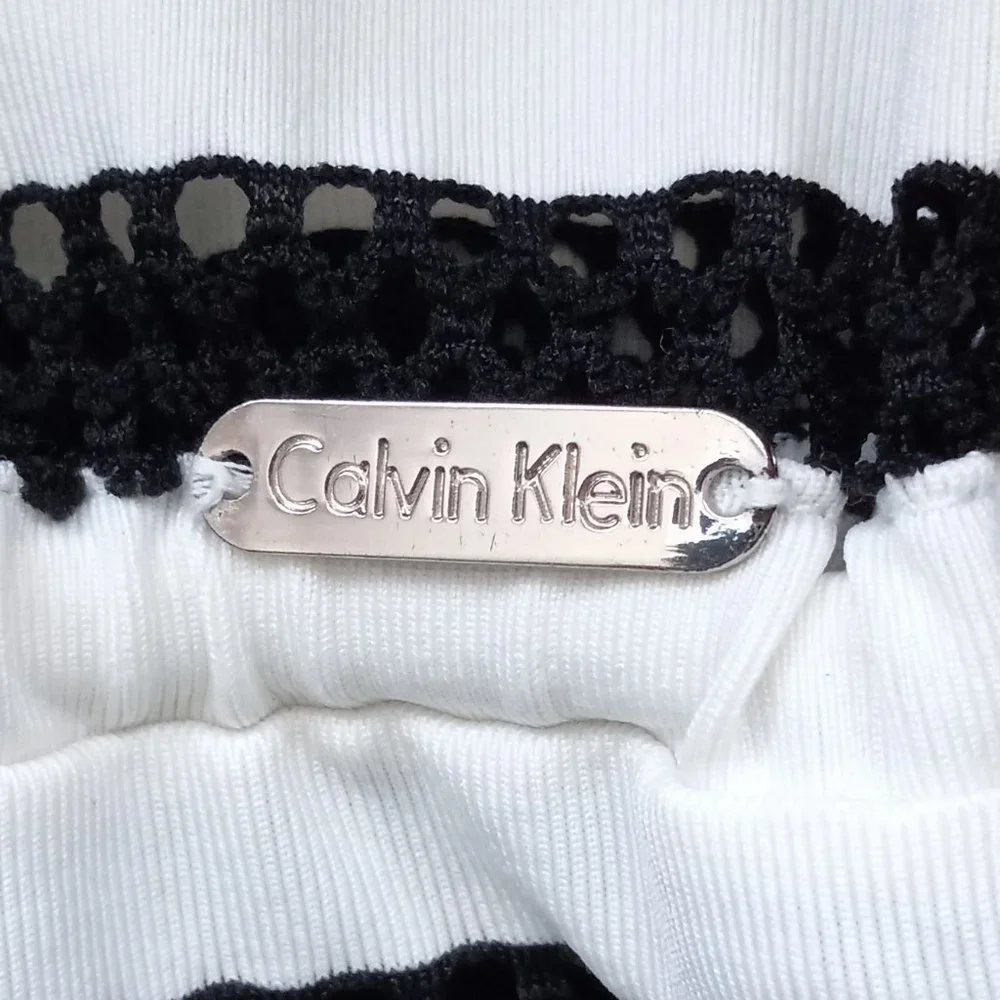 CALVIN KLEIN Black & White Striped Crochet Swim Cover Up Sz S/M - Picture 6 of 8